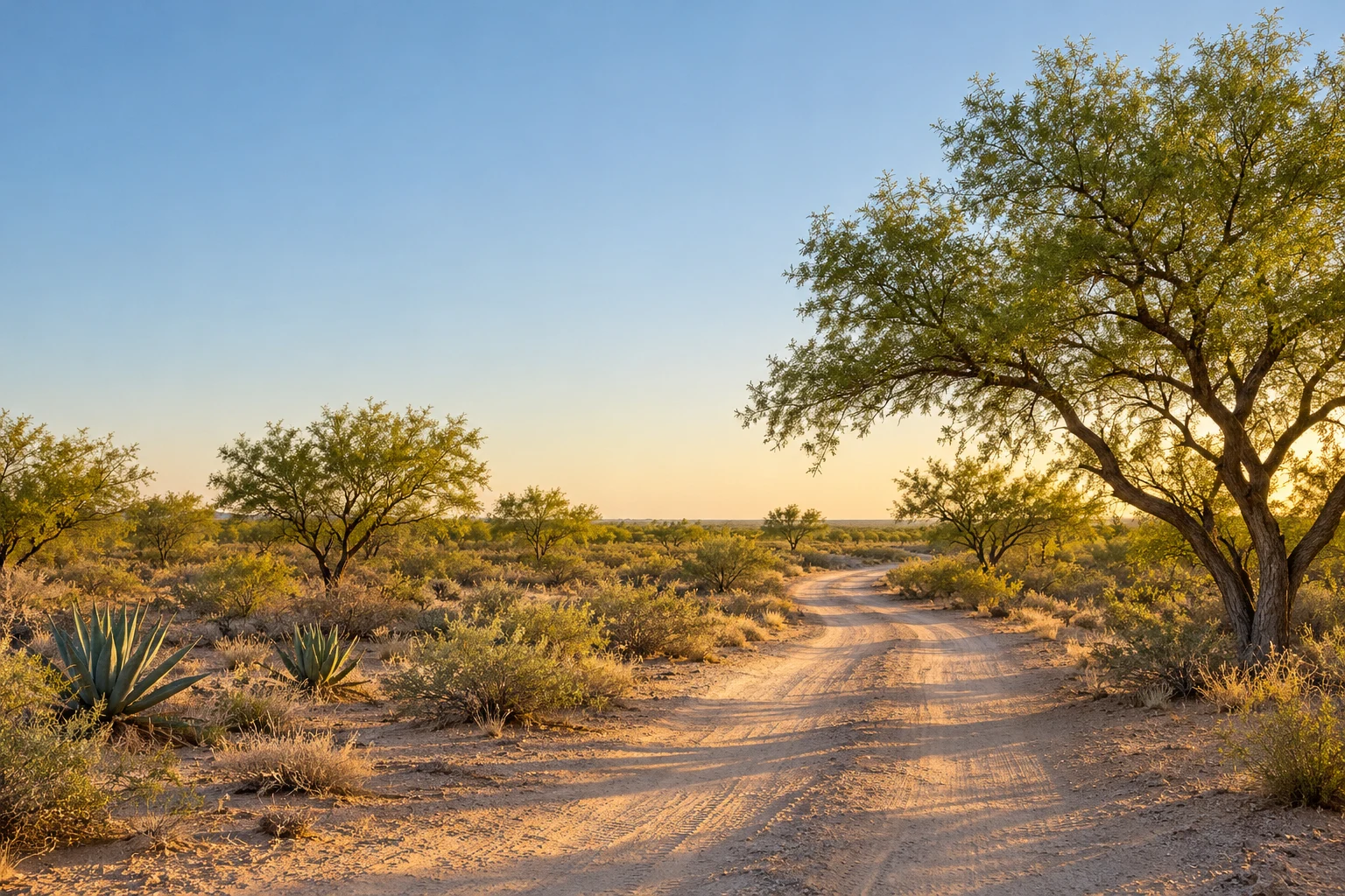 Paisaje ilustrativo del semidesierto sonorense con mezquites y un camino de tierra