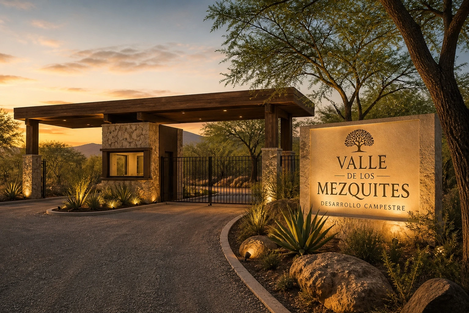 Proyecto de la entrada de Valle de los Mezquites, con caseta, portón, piedra natural y vegetación regional